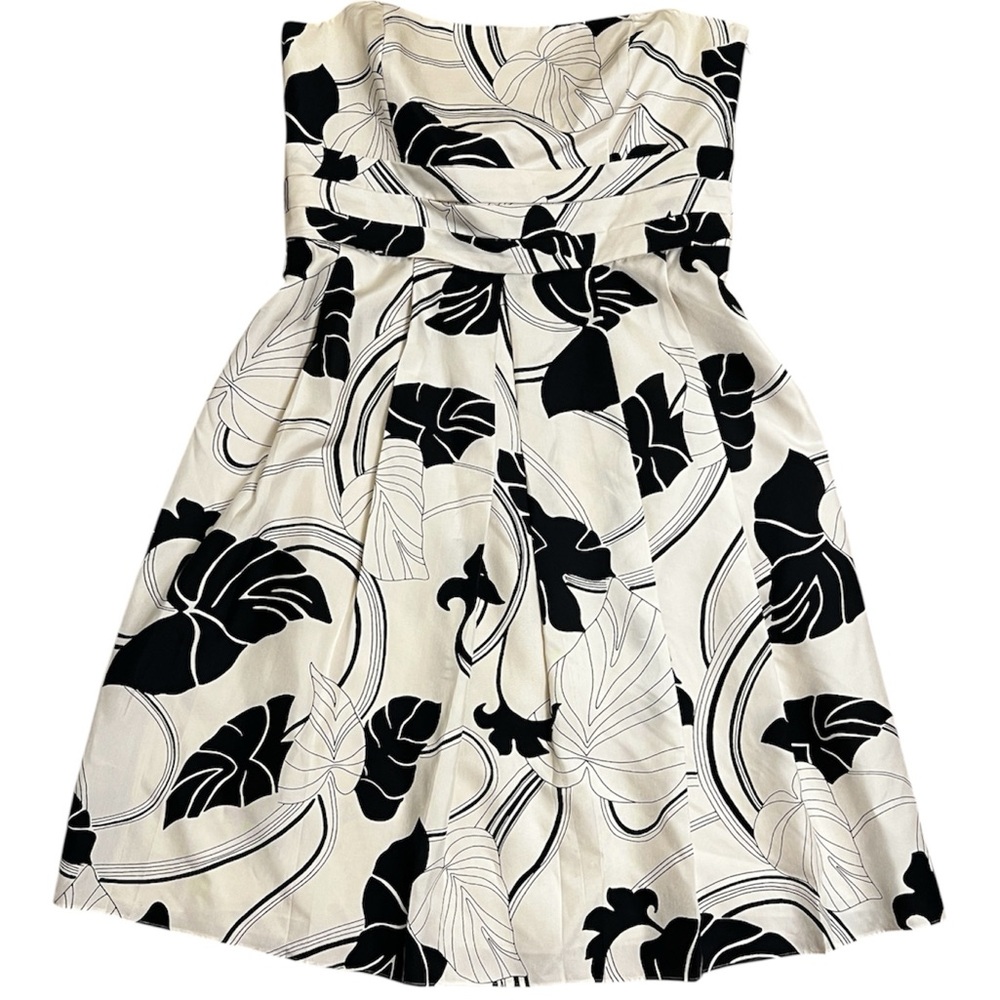 Ann Taylor Black White Pleated Strapless Midi Formal Dress Sundress 100% Silk 14